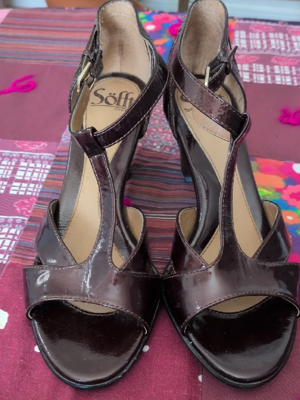 Sofft Dark Brown Patent Leather T-Strap Heels